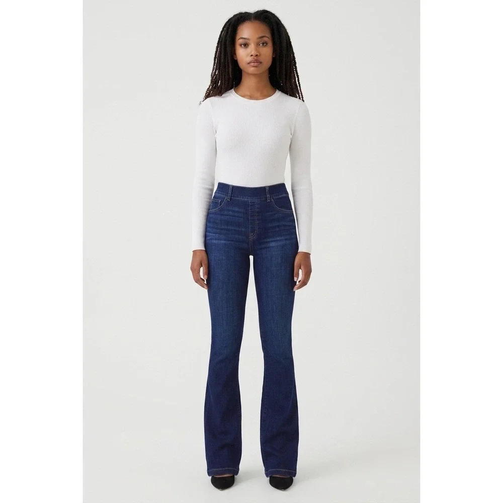 Spanx Midnight Blue Flared High Rise Pull-On Sliming Large Denim Stretch Jeans - Picture 1 of 12